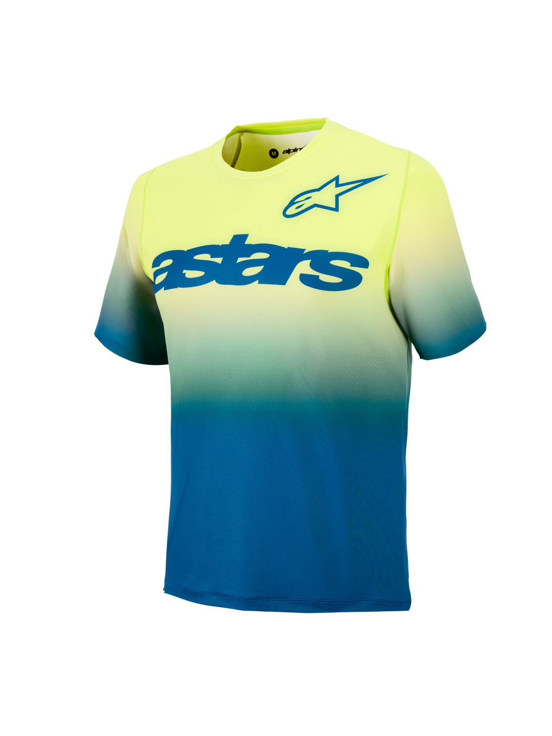 Młodzieżowa koszulka MTB A-Dura Astars 2.0 z krótkim rękawem, żółto-niebieski gradient i niebieskie logo na piersi.