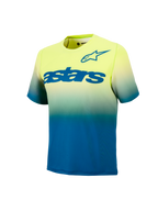 Młodzieżowa koszulka MTB A-Dura Astars 2.0 z krótkim rękawem, żółto-niebieski gradient i niebieskie logo na piersi.