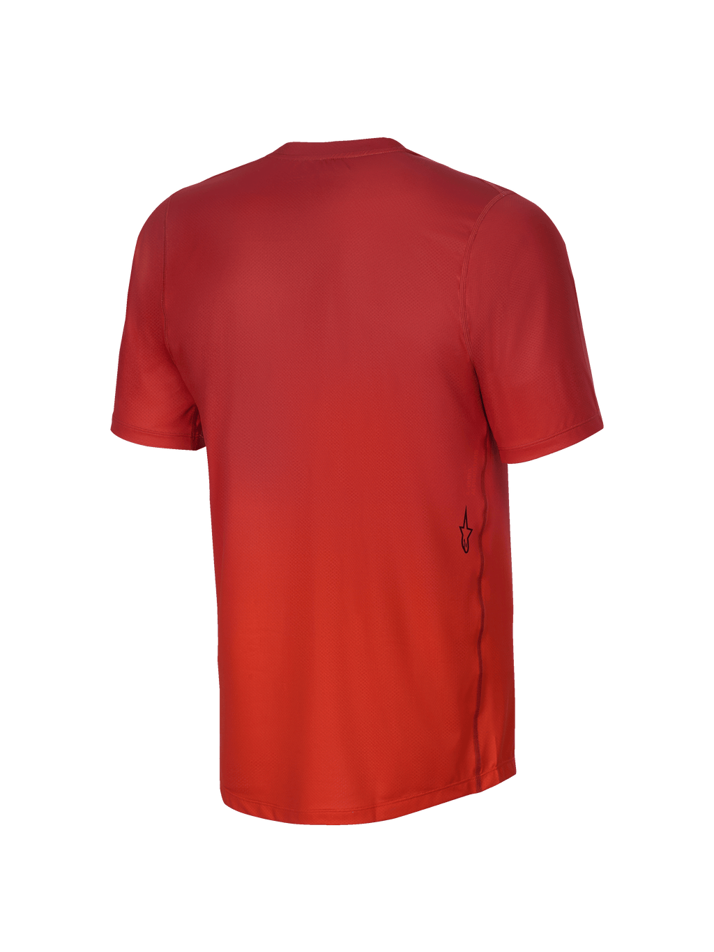 Alpinestars Youth A-Dura Rise Short Sleeve Jersey, widok z tyłu, pomarańczowa (Spicy Orange) młodzieżowa koszulka z krótkim rękawem, żakardowa struktura materiału, małe czarne logo Astars na boku, przedłużony tył dla lepszej osłony podczas jazdy MTB