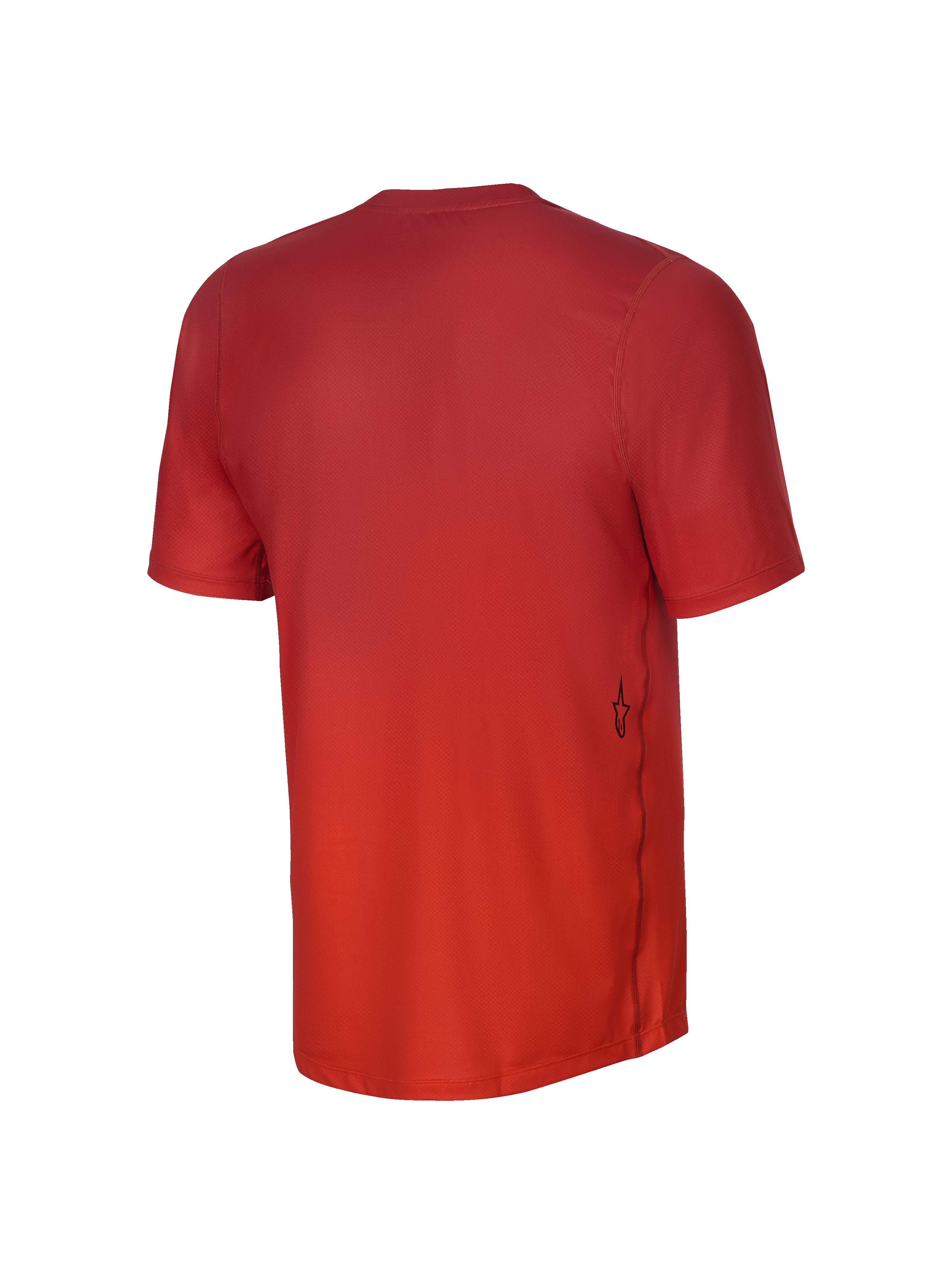 Alpinestars Youth A-Dura Rise Short Sleeve Jersey, widok z tyłu, pomarańczowa (Spicy Orange) młodzieżowa koszulka z krótkim rękawem, żakardowa struktura materiału, małe czarne logo Astars na boku, przedłużony tył dla lepszej osłony podczas jazdy MTB
