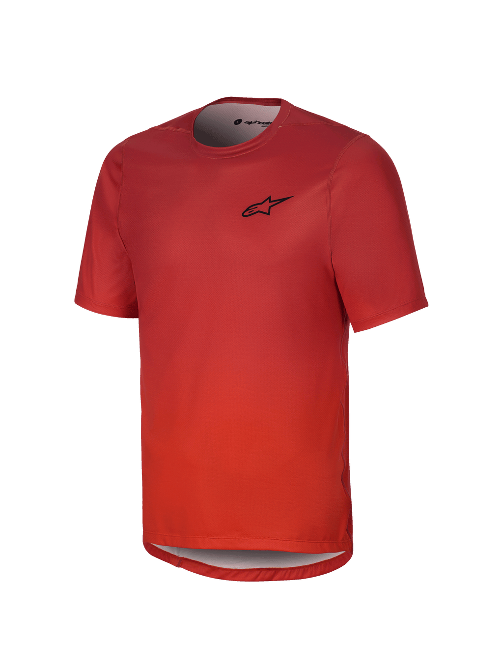 Alpinestars Youth A-Dura Rise Short Sleeve Jersey, kolor Spicy Orange, czarne logo na piersi, okrągły dekolt i wydłużony tył, oddychający żakardowy materiał do jazdy na rowerze górskim