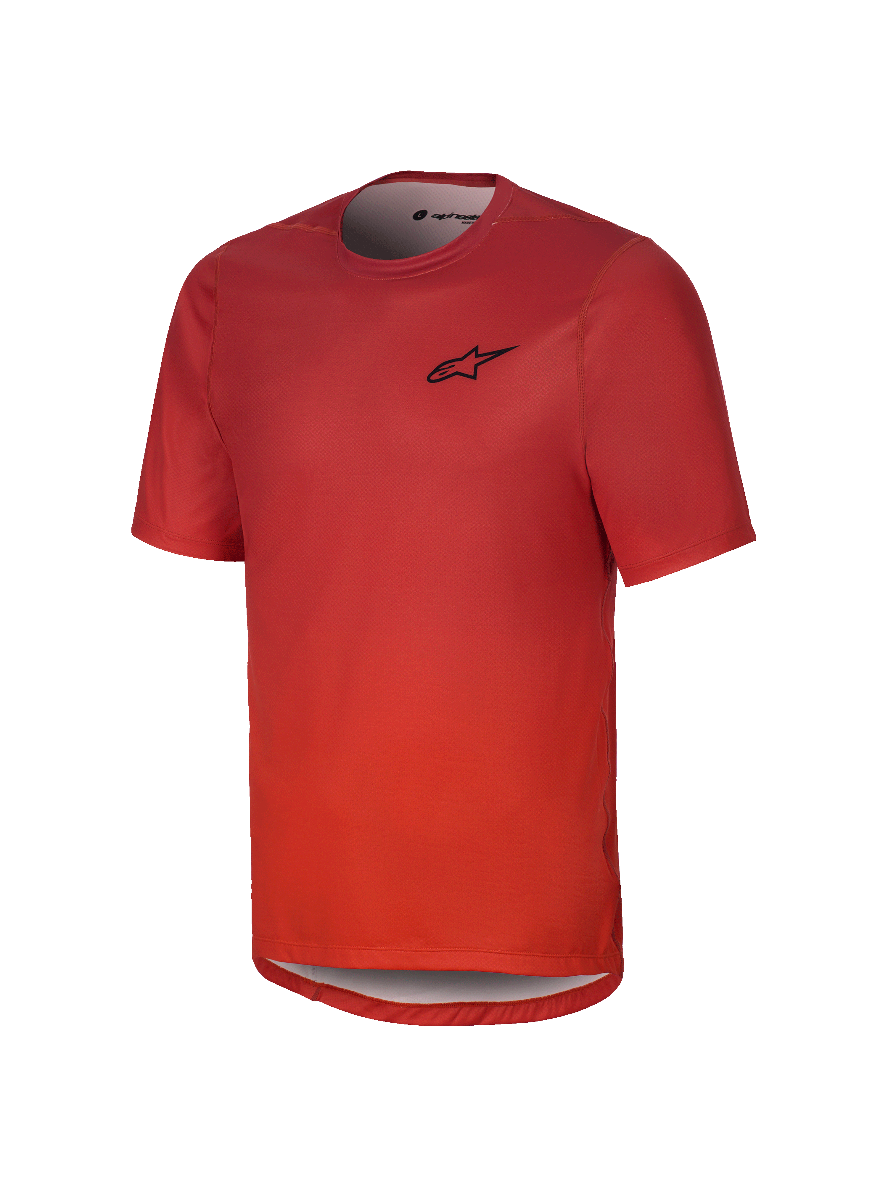 Alpinestars Youth A-Dura Rise Short Sleeve Jersey, kolor Spicy Orange, czarne logo na piersi, okrągły dekolt i wydłużony tył, oddychający żakardowy materiał do jazdy na rowerze górskim