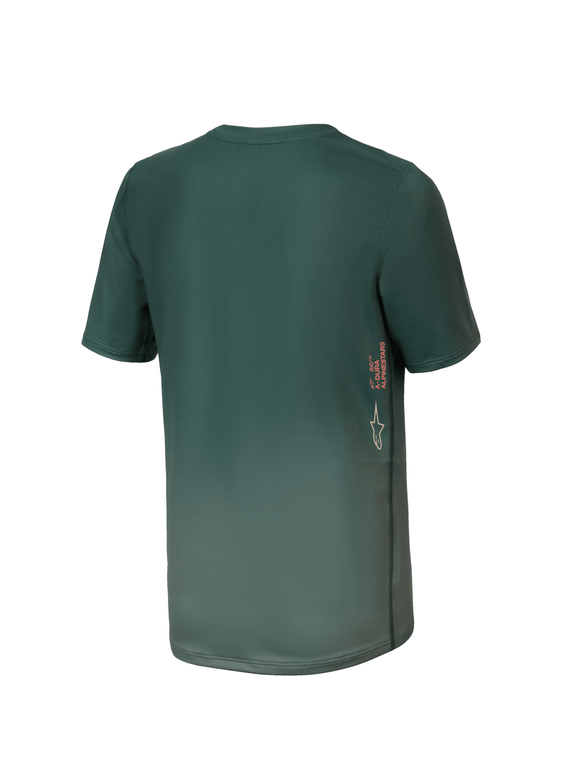 Alpinestars Youth A-Dura Rise Jersey, młodzieżowa koszulka MTB z krótkim rękawem, kolor Silver Pine (ciemnozielony), widok z tyłu z pionowym logo A-DURA i Astars na boku, przedłużony tył, techniczny materiał odprowadzający wilgoć
