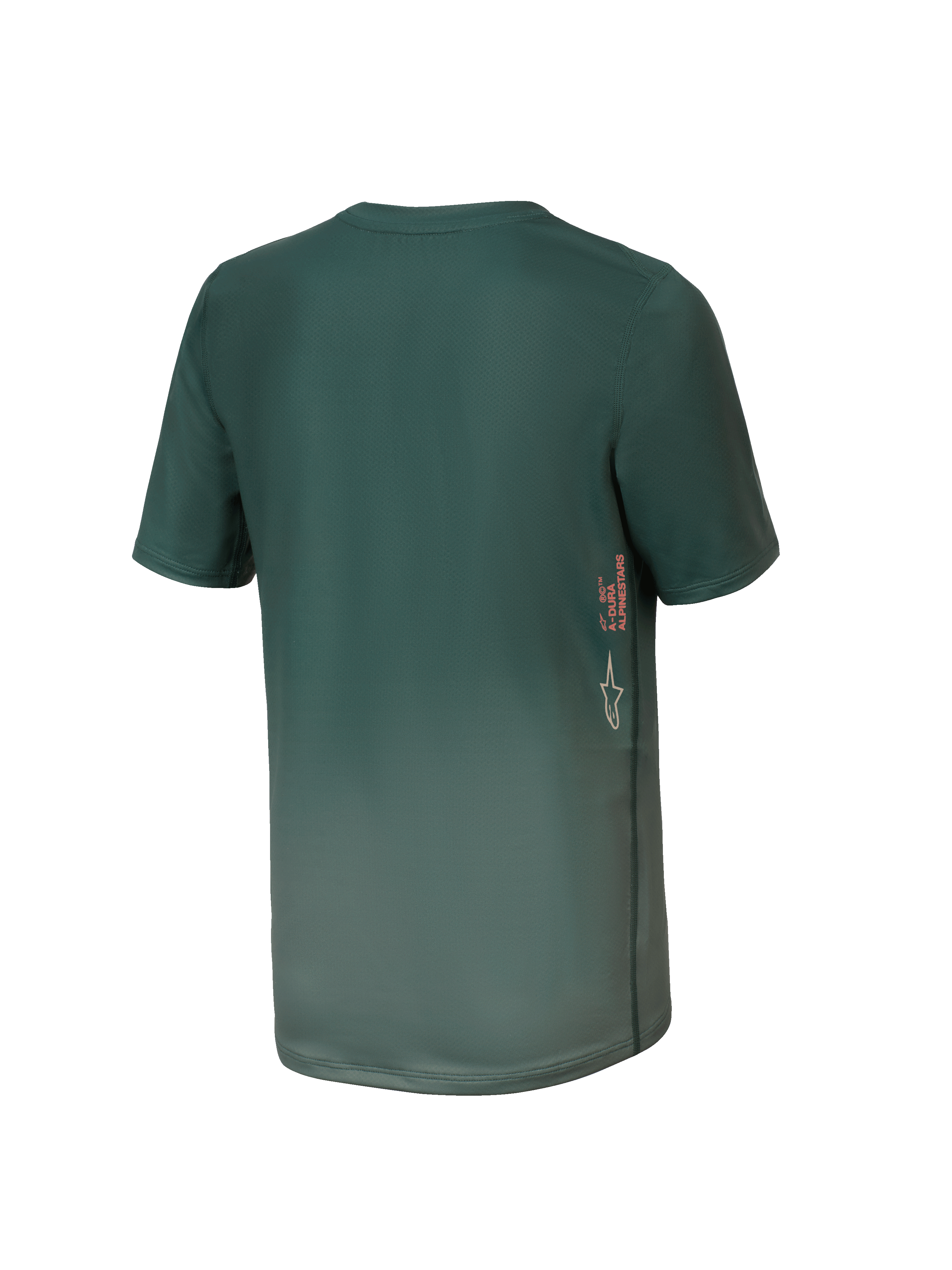 Alpinestars Youth A-Dura Rise Jersey, młodzieżowa koszulka MTB z krótkim rękawem, kolor Silver Pine (ciemnozielony), widok z tyłu z pionowym logo A-DURA i Astars na boku, przedłużony tył, techniczny materiał odprowadzający wilgoć
