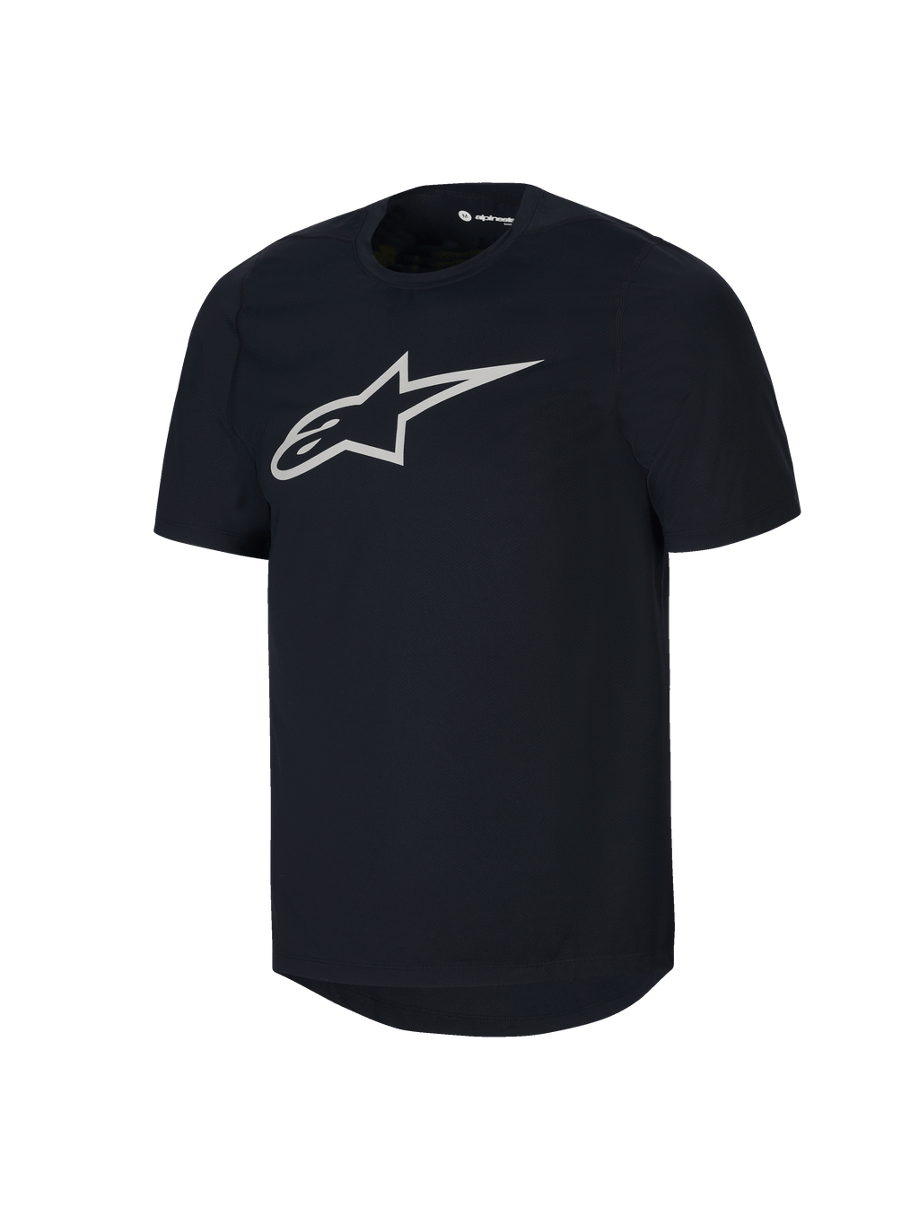 Alpinestars Youth A-Dura Short Sleeve Jersey, czarna młodzieżowa koszulka MTB z krótkim rękawem, duże białe logo Astars na klatce piersiowej, okrągły dekolt, codzienna odzież techniczna do kolarstwa górskiego