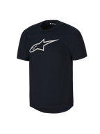 Alpinestars Youth A-Dura Short Sleeve Jersey, czarna młodzieżowa koszulka MTB z krótkim rękawem, duże białe logo Astars na klatce piersiowej, okrągły dekolt, codzienna odzież techniczna do kolarstwa górskiego