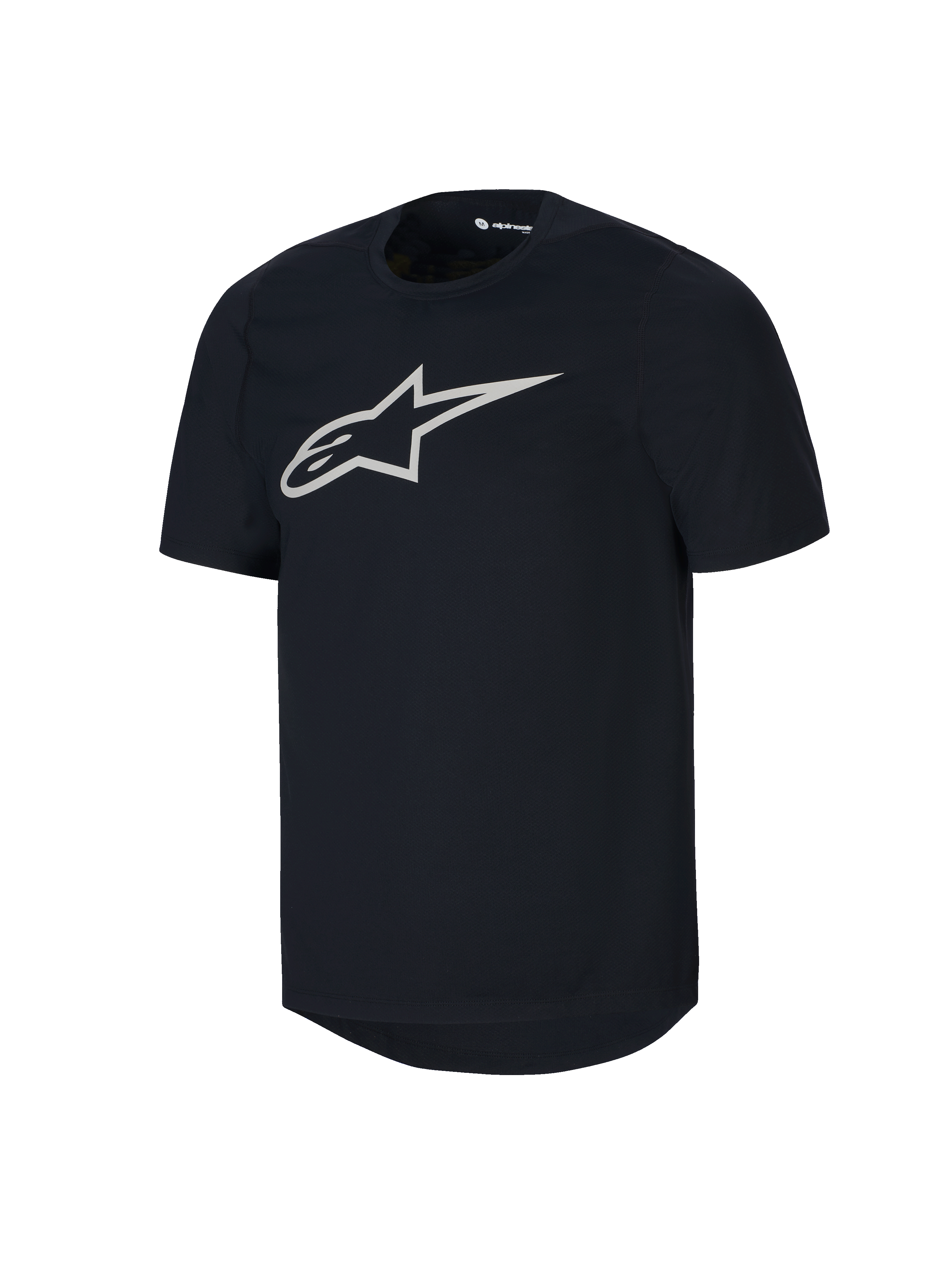 Alpinestars Youth A-Dura Short Sleeve Jersey, czarna młodzieżowa koszulka MTB z krótkim rękawem, duże białe logo Astars na klatce piersiowej, okrągły dekolt, codzienna odzież techniczna do kolarstwa górskiego