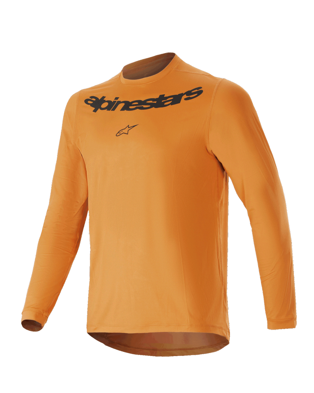 Alpinestars Youth A-Dura Rocker Long Sleeve Jersey, młodzieżowa koszulka rowerowa z długim rękawem w kolorze ciemnego złota, czarny napis i logo na piersi, okrągły dekolt, przedłużony tył, lekka odzież MTB