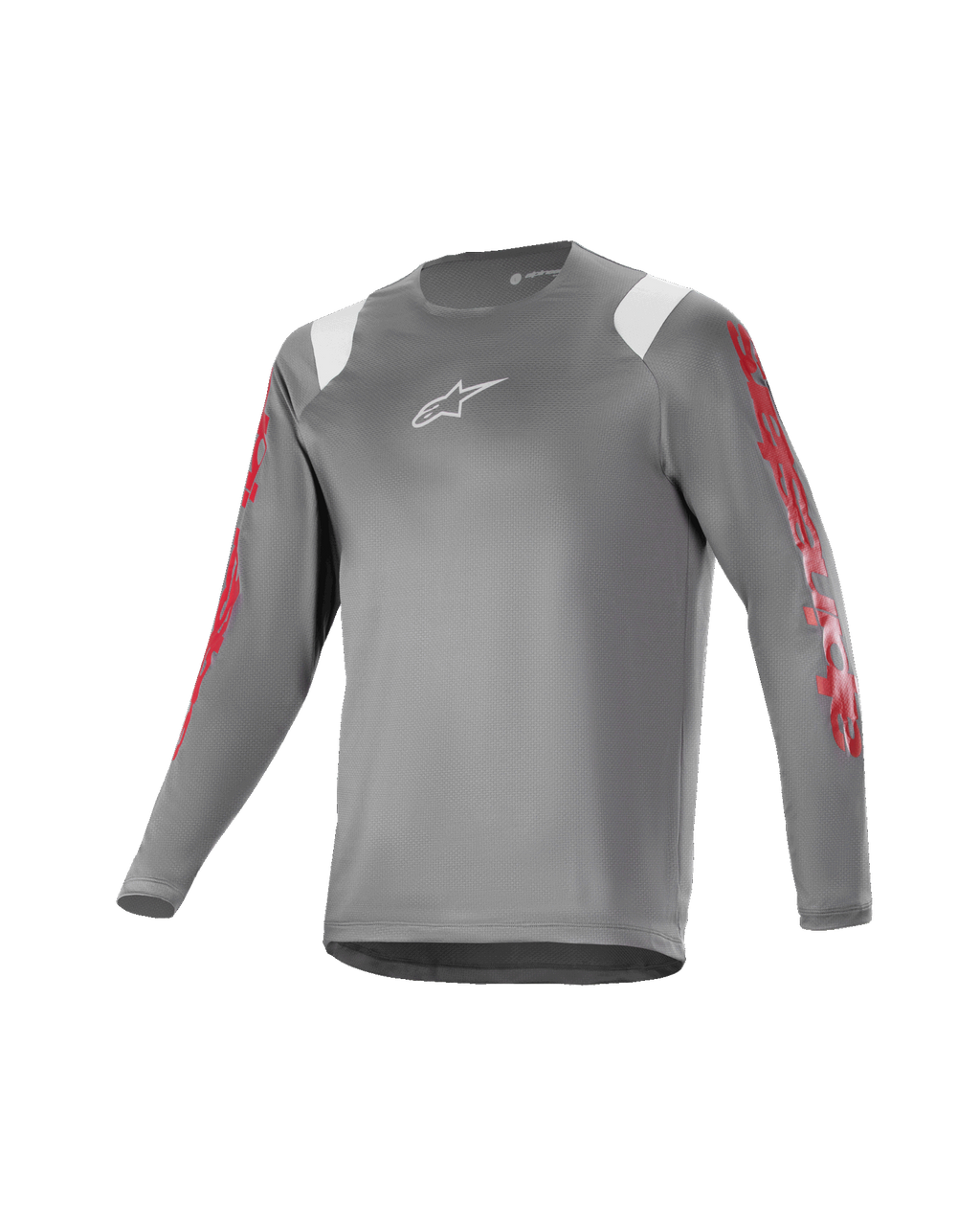 Alpinestars Youth A Supra Astar Long Sleeve Jersey, młodzieżowa koszulka z długim rękawem, ciemnoszara z białymi akcentami na ramionach i czerwonymi oznaczeniami na rękawach, białe logo na klatce piersiowej, oddychający materiał techniczny, okrągły dekolt, sportowy krój do jazdy na rowerze górskim