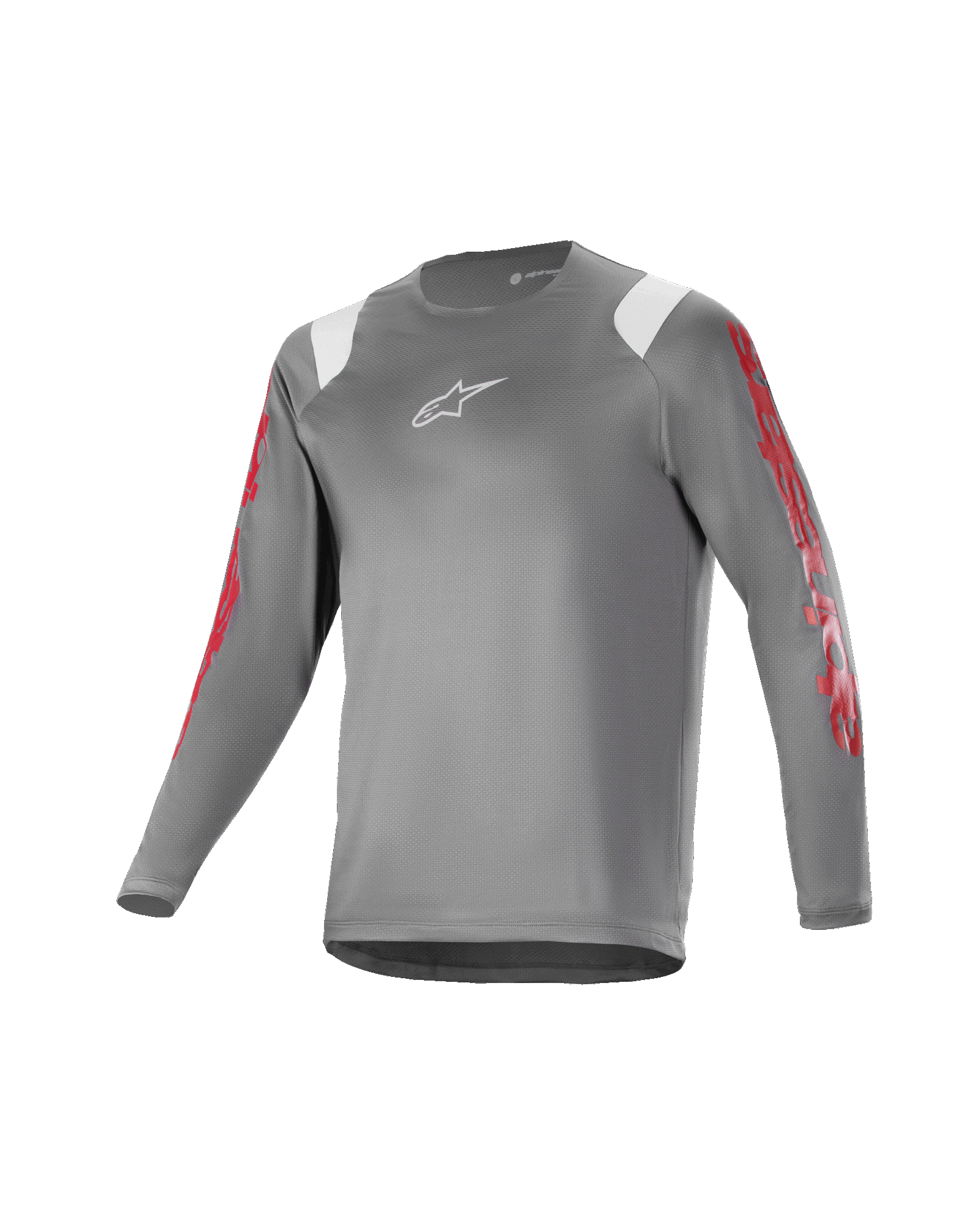 Alpinestars Youth A Supra Astar Long Sleeve Jersey, młodzieżowa koszulka z długim rękawem, ciemnoszara z białymi akcentami na ramionach i czerwonymi oznaczeniami na rękawach, białe logo na klatce piersiowej, oddychający materiał techniczny, okrągły dekolt, sportowy krój do jazdy na rowerze górskim