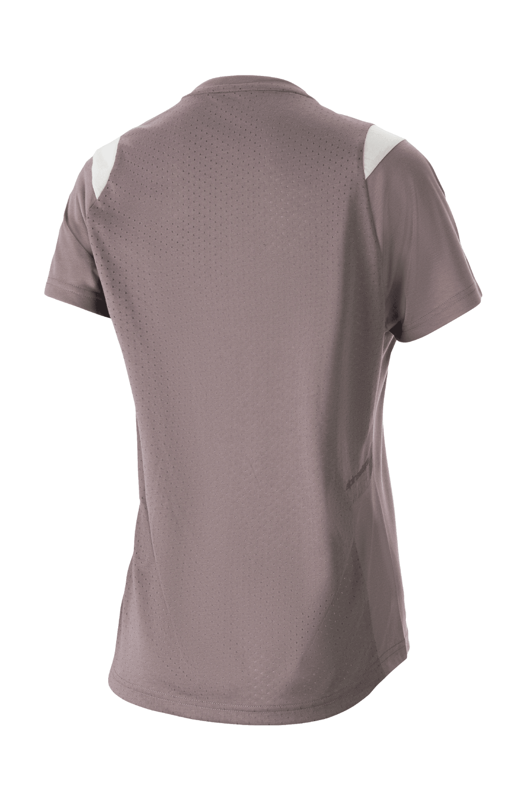 Alpinestars Stella Alps Escape Women's Jersey, damska koszulka z krótkim rękawem, szara (Sparrow Gray) z białymi akcentami na ramionach, widok z tyłu pokazujący rozległą perforowaną siatkę dla wentylacji, materiał DriRelease odprowadzający wilgoć, damska odzież rowerowa MTB