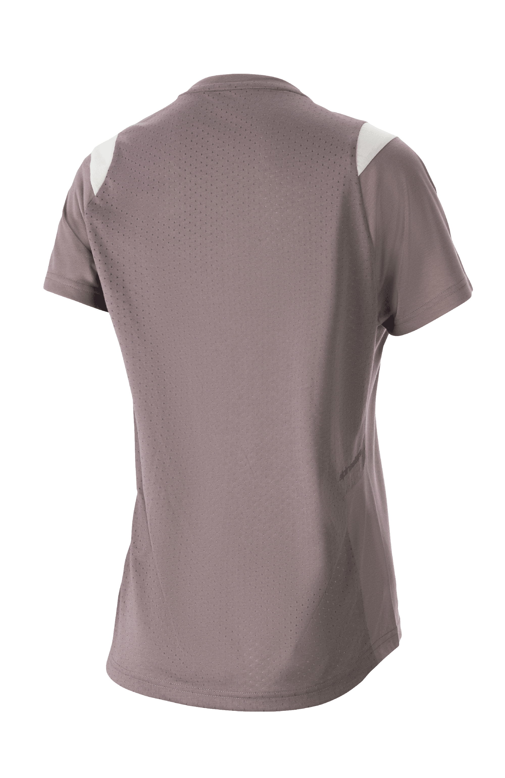 Alpinestars Stella Alps Escape Women's Jersey, damska koszulka z krótkim rękawem, szara (Sparrow Gray) z białymi akcentami na ramionach, widok z tyłu pokazujący rozległą perforowaną siatkę dla wentylacji, materiał DriRelease odprowadzający wilgoć, damska odzież rowerowa MTB