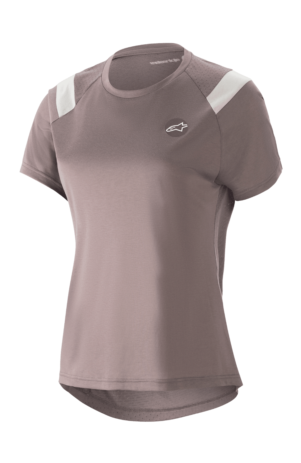 Alpinestars Stella Alps Escape Jersey, damska koszulka MTB z krótkim rękawem, kolor Sparrow Gray z białymi akcentami na ramionach, perforowane panele z siatki zapewniające oddychalność, zaokrąglony przedłużony tył, małe okrągłe logo Astar na piersi, swobodny sportowy krój do jazdy na rowerze górskim