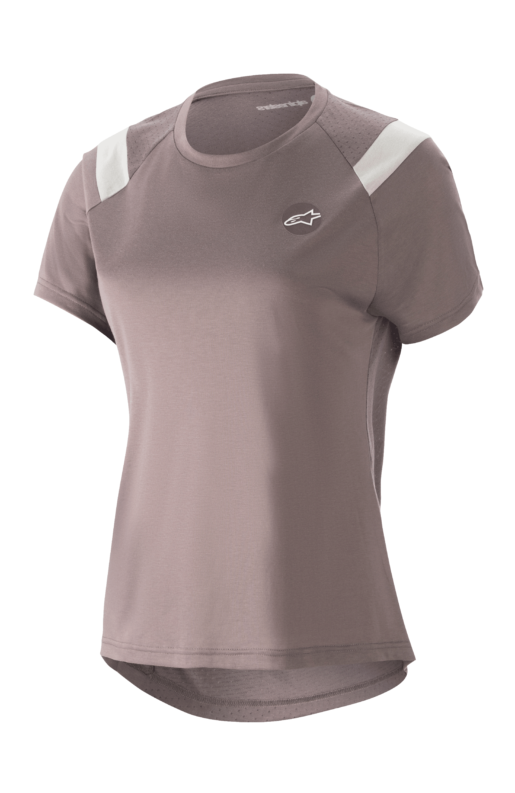Alpinestars Stella Alps Escape Jersey, damska koszulka MTB z krótkim rękawem, kolor Sparrow Gray z białymi akcentami na ramionach, perforowane panele z siatki zapewniające oddychalność, zaokrąglony przedłużony tył, małe okrągłe logo Astar na piersi, swobodny sportowy krój do jazdy na rowerze górskim