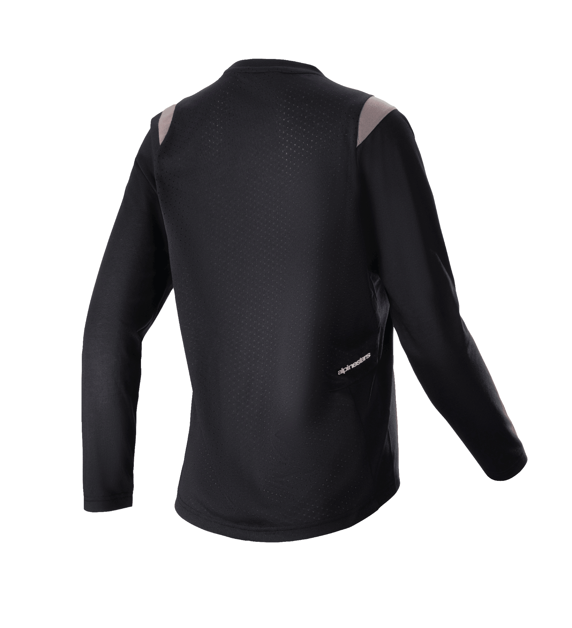 Damska koszulka z długim rękawem Alpinestars Stella Alps Escape, czarna z szarymi akcentami na ramionach, widok z tyłu prezentujący perforowany panel z siatki dla wentylacji oraz małe logo Alpinestars, odzież rowerowa MTB