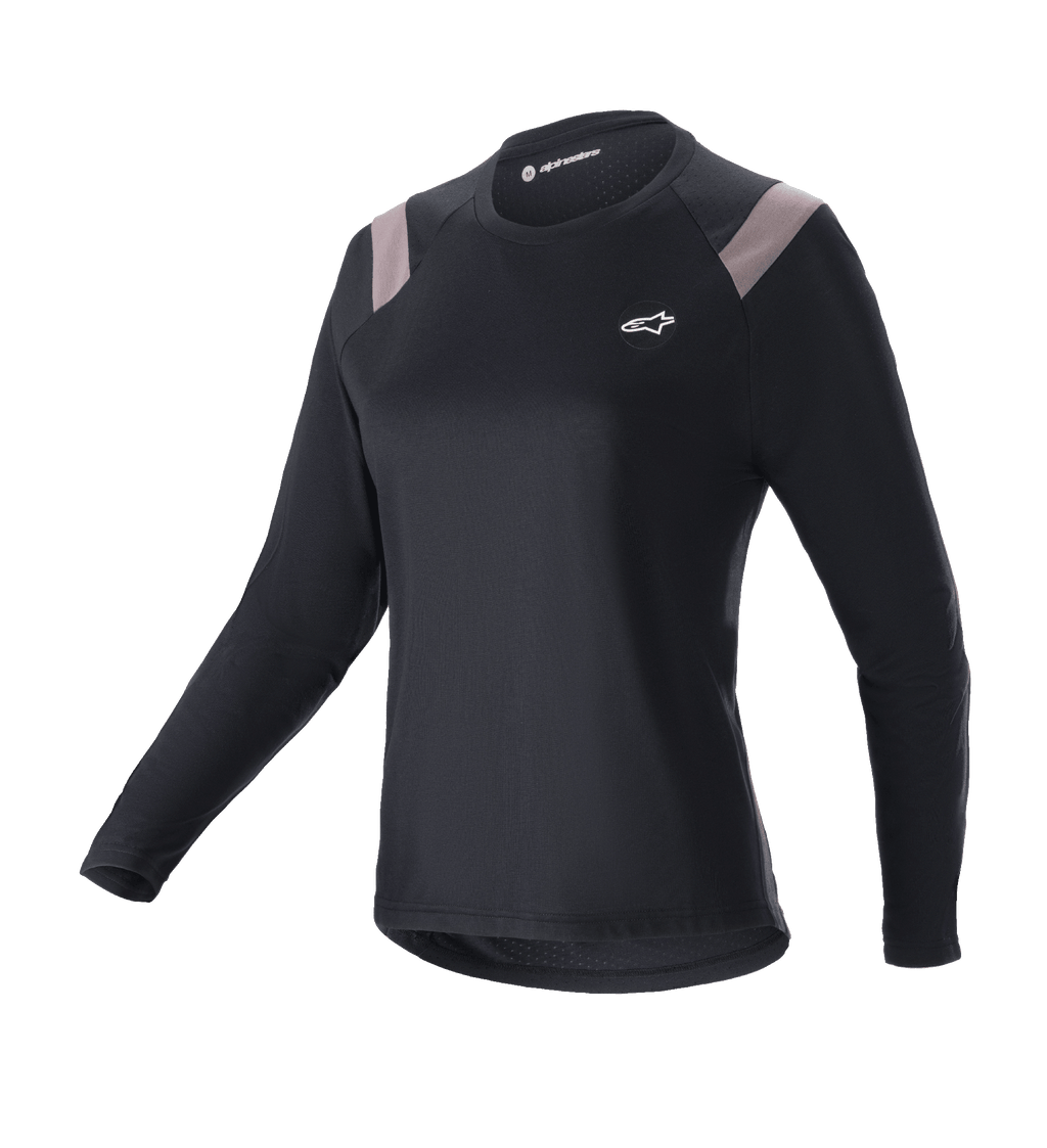 Alpinestars Stella Alps Escape Jersey, damska koszulka rowerowa MTB z długim rękawem, czarna z jasnoszarymi wstawkami na ramionach, okrągły dekolt, małe białe logo na piersi, sportowy krój