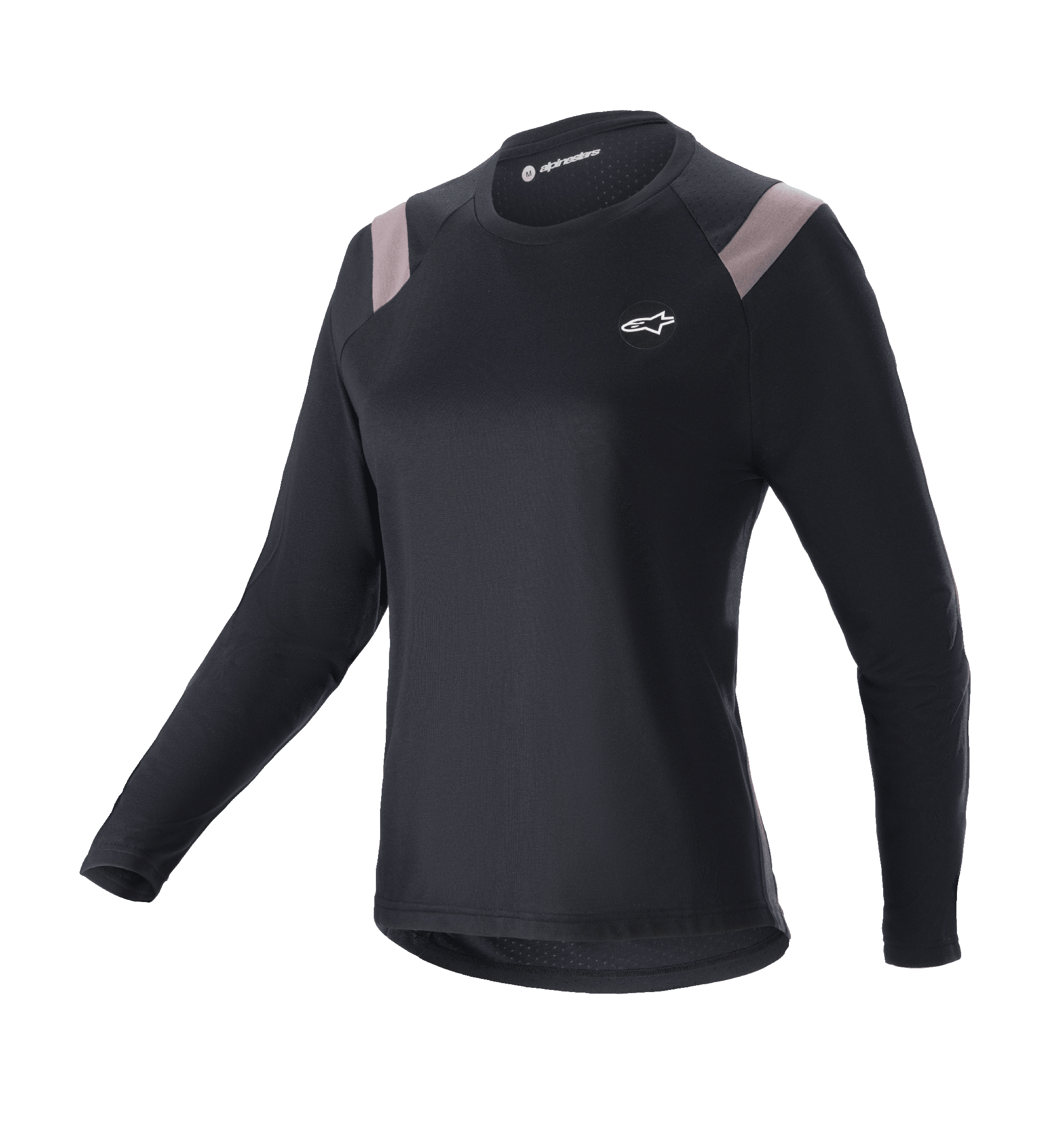 Alpinestars Stella Alps Escape Jersey, damska koszulka rowerowa MTB z długim rękawem, czarna z jasnoszarymi wstawkami na ramionach, okrągły dekolt, małe białe logo na piersi, sportowy krój