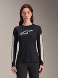 Alpinestars Stella A-Dura Dri Astar Jersey, damska koszulka MTB z długim rękawem, czarna z białym logo i jasnoszarymi panelami z siatki na rękawach, wyczynowa odzież rowerowa dla kobiet