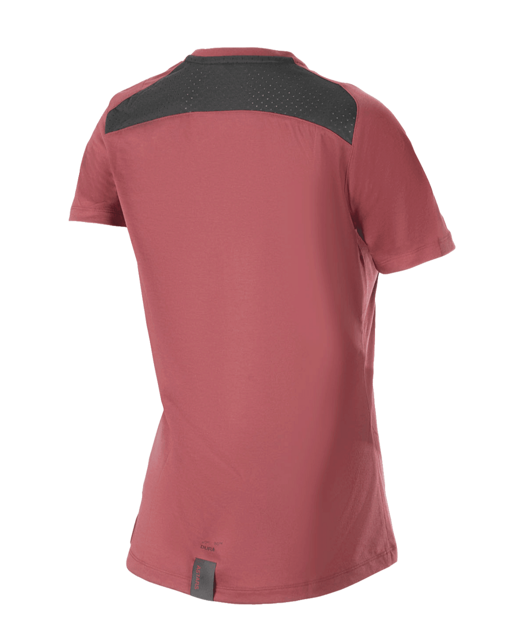 Alpinestars Stella A-Dura Dri Switch Jersey, damska koszulka rowerowa MTB z krótkim rękawem, bordowa, widok z tyłu z czarnym panelem z siatki dla wentylacji i przedłużonym tyłem