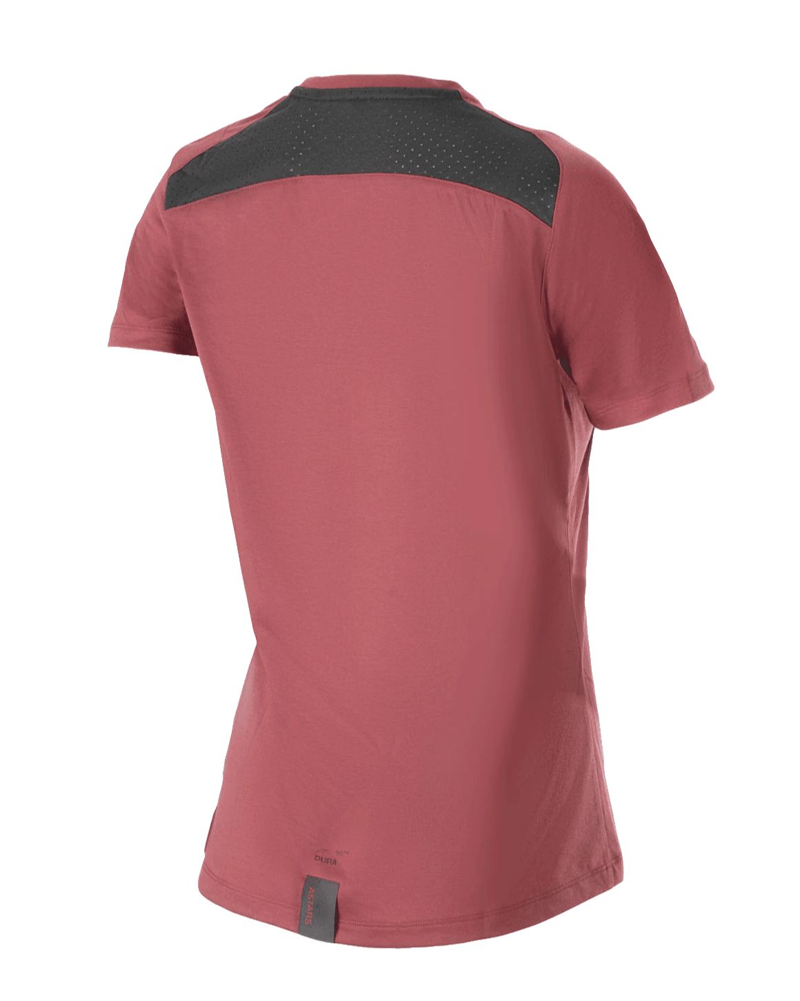 Alpinestars Stella A-Dura Dri Switch Jersey, damska koszulka rowerowa MTB z krótkim rękawem, bordowa, widok z tyłu z czarnym panelem z siatki dla wentylacji i przedłużonym tyłem