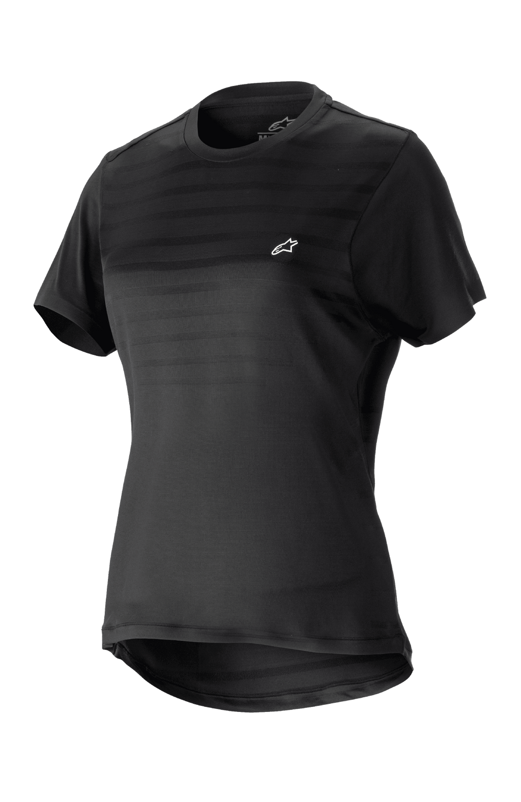 Alpinestars Women Stella Alps Constellation Jersey, damska koszulka MTB z krótkim rękawem, czarna z subtelnymi poziomymi paskami na klatce piersiowej, małe białe logo, okrągły dekolt, przedłużony tył dla lepszej osłony, lekki oddychający materiał do MTB