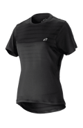 Alpinestars Women Stella Alps Constellation Jersey, damska koszulka MTB z krótkim rękawem, czarna z subtelnymi poziomymi paskami na klatce piersiowej, małe białe logo, okrągły dekolt, przedłużony tył dla lepszej osłony, lekki oddychający materiał do MTB