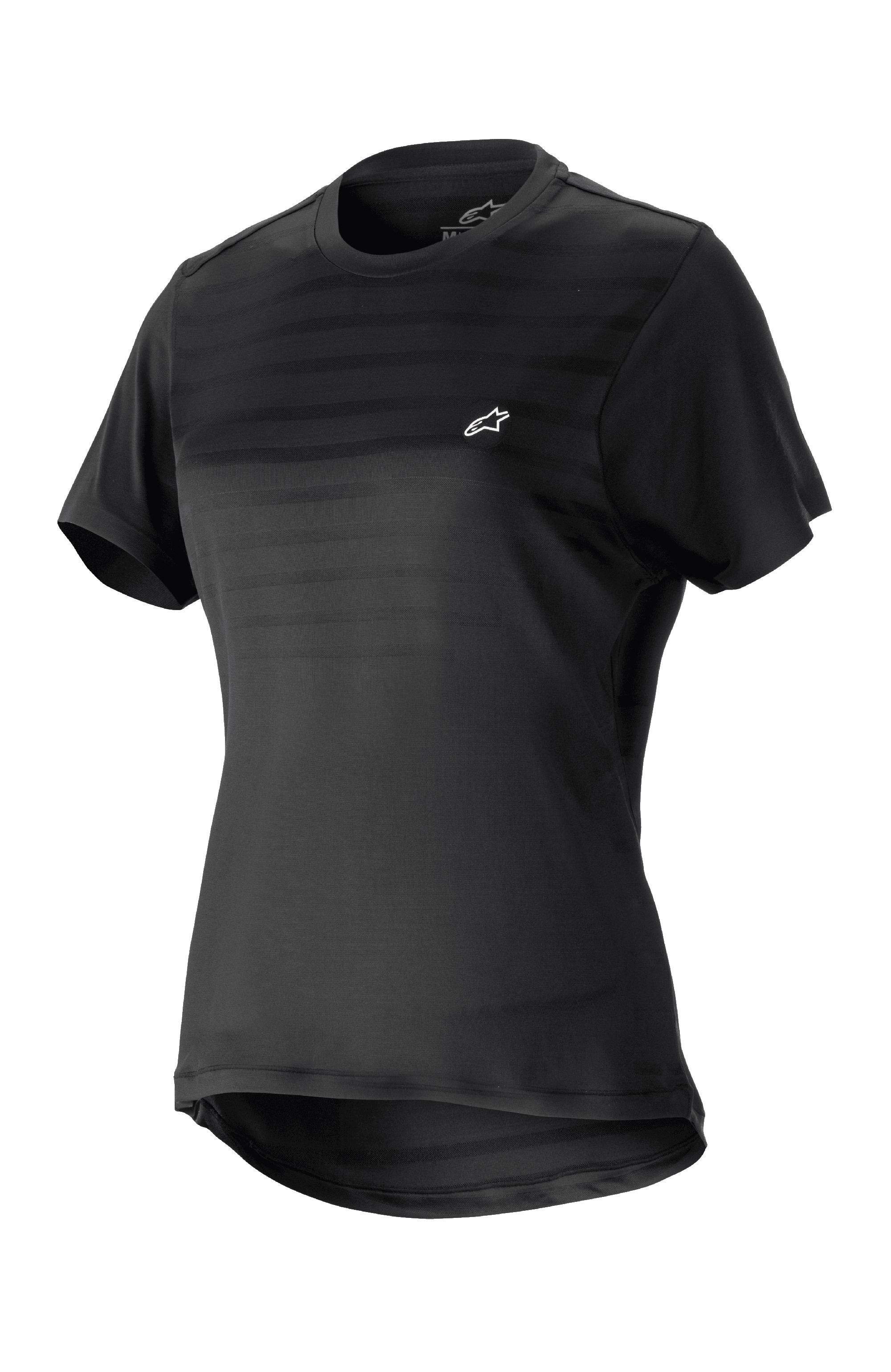 Alpinestars Women Stella Alps Constellation Jersey, damska koszulka MTB z krótkim rękawem, czarna z subtelnymi poziomymi paskami na klatce piersiowej, małe białe logo, okrągły dekolt, przedłużony tył dla lepszej osłony, lekki oddychający materiał do MTB