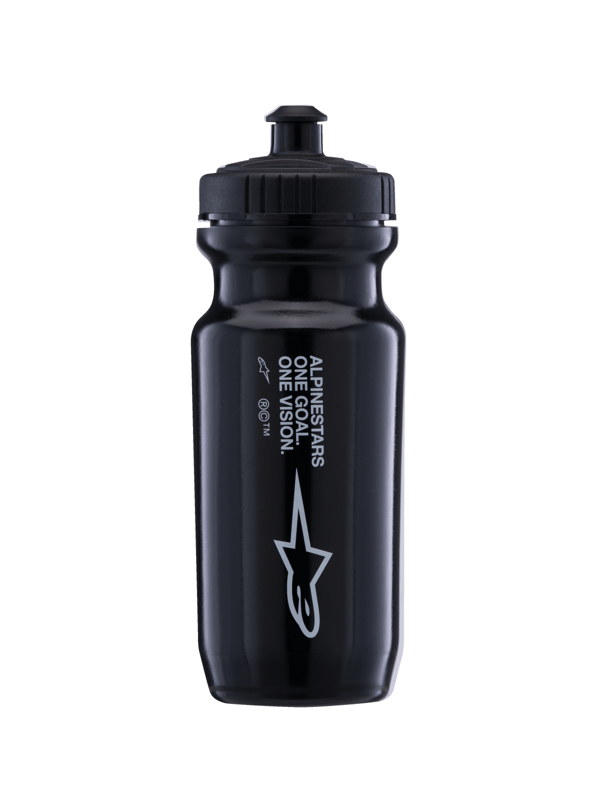Alpinestars Water Bottle Ogov 20oz, czarna sportowa butelka na wodę z ustnikiem push-pull, błyszczące wykończenie z białym logo i napisem „ONE GOAL ONE VISION”, ergonomiczny kształt do nawadniania podczas jazdy na rowerze i na szlaku