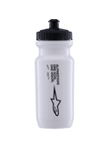 Bidon Alpinestars Water Bottle Ogov 20Oz, biały z czarną nakrętką, z napisem „One Goal One Vision” i logo Alpinestars, ustnik push-pull, cylindryczna konstrukcja ułatwiająca ściskanie do nawadniania podczas jazdy na rowerze