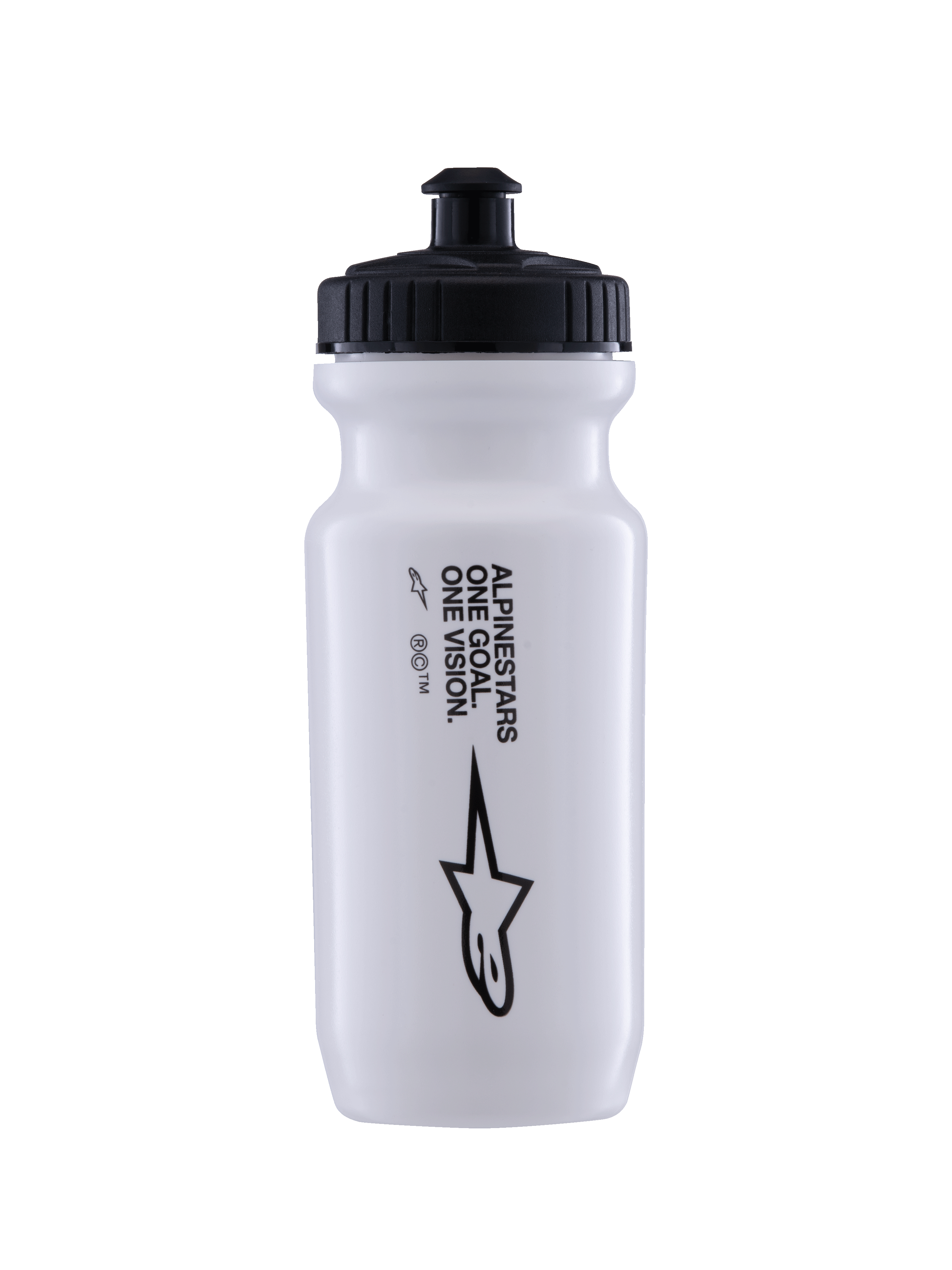 Bidon Alpinestars Water Bottle Ogov 20Oz, biały z czarną nakrętką, z napisem „One Goal One Vision” i logo Alpinestars, ustnik push-pull, cylindryczna konstrukcja ułatwiająca ściskanie do nawadniania podczas jazdy na rowerze