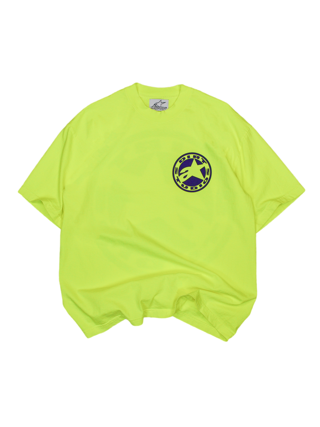 Koszulka Limited Edition Dirt Studios® Tech Series, męska bawełniana koszulka z krótkim rękawem, fluo żółta, okrągłe logo z gwiazdą na piersi, casualowa odzież sportowa Alpinestars.