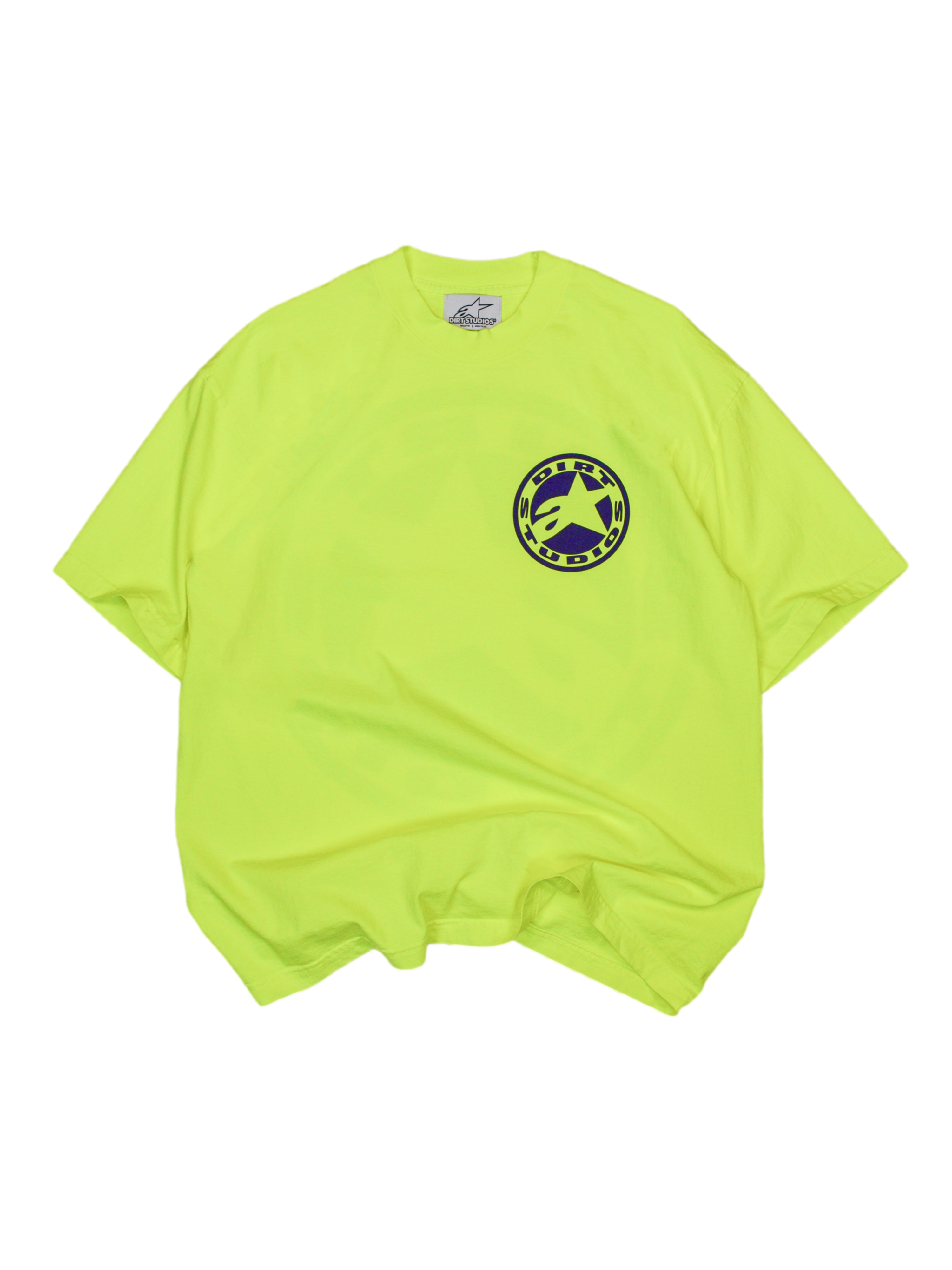 Koszulka Limited Edition Dirt Studios® Tech Series, męska bawełniana koszulka z krótkim rękawem, fluo żółta, okrągłe logo z gwiazdą na piersi, casualowa odzież sportowa Alpinestars.
