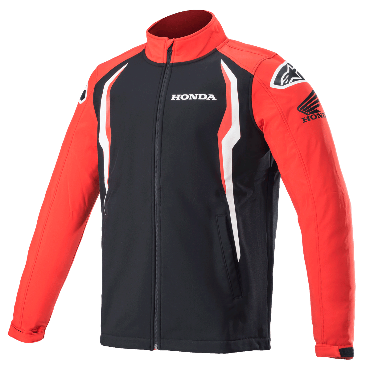 Alpinestars Honda Softshell Jacket, Sportswear Jacket, Red and Black with white accents, contrast panels, high track collar with front zipper, Honda and Alpinestars logos on chest and shoulders, motorsport-inspired lifestyle apparel