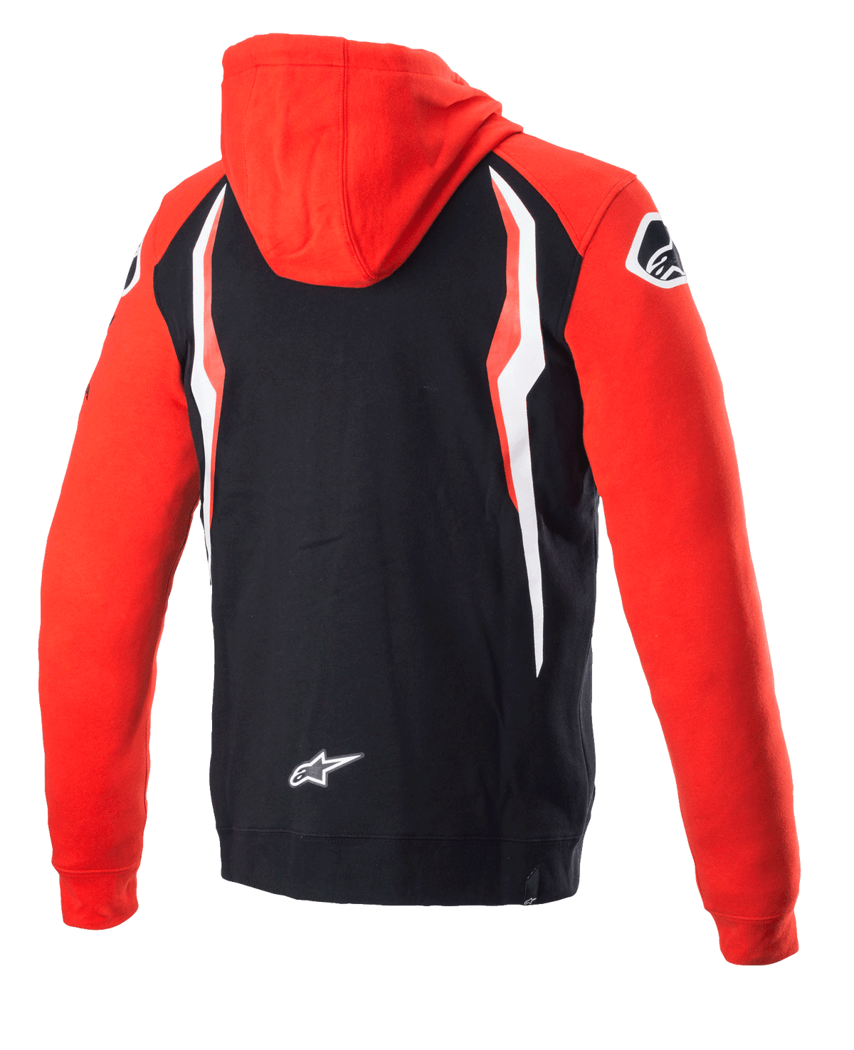 Alpinestars Honda Zip Hoodie, czerwono-czarna, widok z tyłu, współmarkowa bluza z czerwonym kapturem i rękawami, czarny tył z białymi i czerwonymi kontrastowymi panelami, logo gwiazdy Alpinestars na dole pleców, codzienna odzież streetwearowa inspirowana sportami motorowymi
