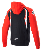 Alpinestars Honda Zip Hoodie, czerwono-czarna, widok z tyłu, współmarkowa bluza z czerwonym kapturem i rękawami, czarny tył z białymi i czerwonymi kontrastowymi panelami, logo gwiazdy Alpinestars na dole pleców, codzienna odzież streetwearowa inspirowana sportami motorowymi