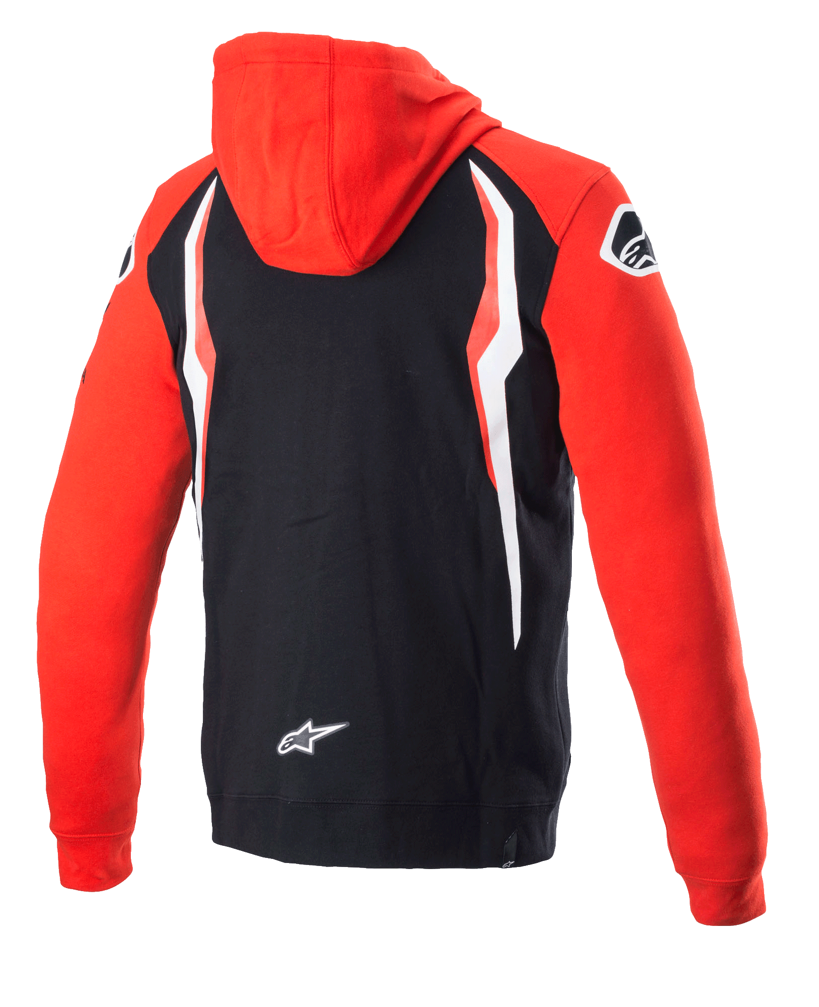 Alpinestars Honda Zip Hoodie, czerwono-czarna, widok z tyłu, współmarkowa bluza z czerwonym kapturem i rękawami, czarny tył z białymi i czerwonymi kontrastowymi panelami, logo gwiazdy Alpinestars na dole pleców, codzienna odzież streetwearowa inspirowana sportami motorowymi