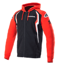 Alpinestars Honda Zip Hoodie, bluza z kapturem zapinana na zamek, czerwono-czarna z białymi akcentami, logo Honda na piersi i rękawie, logo Alpinestars na ramionach, kaptur ze sznurkiem, codzienna odzież motorsportowa