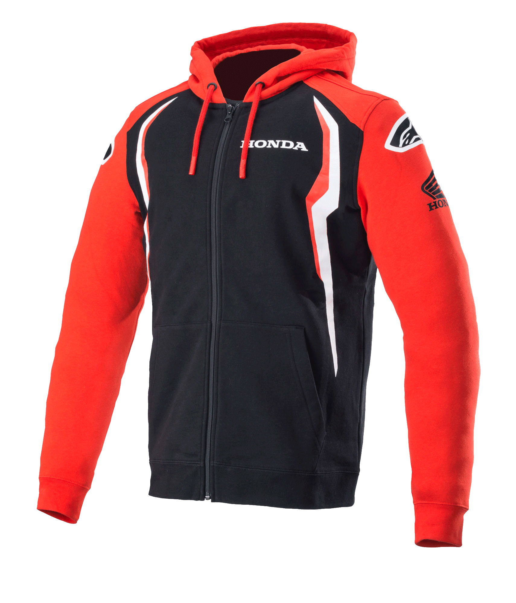 Alpinestars Honda Zip Hoodie, bluza z kapturem zapinana na zamek, czerwono-czarna z białymi akcentami, logo Honda na piersi i rękawie, logo Alpinestars na ramionach, kaptur ze sznurkiem, codzienna odzież motorsportowa