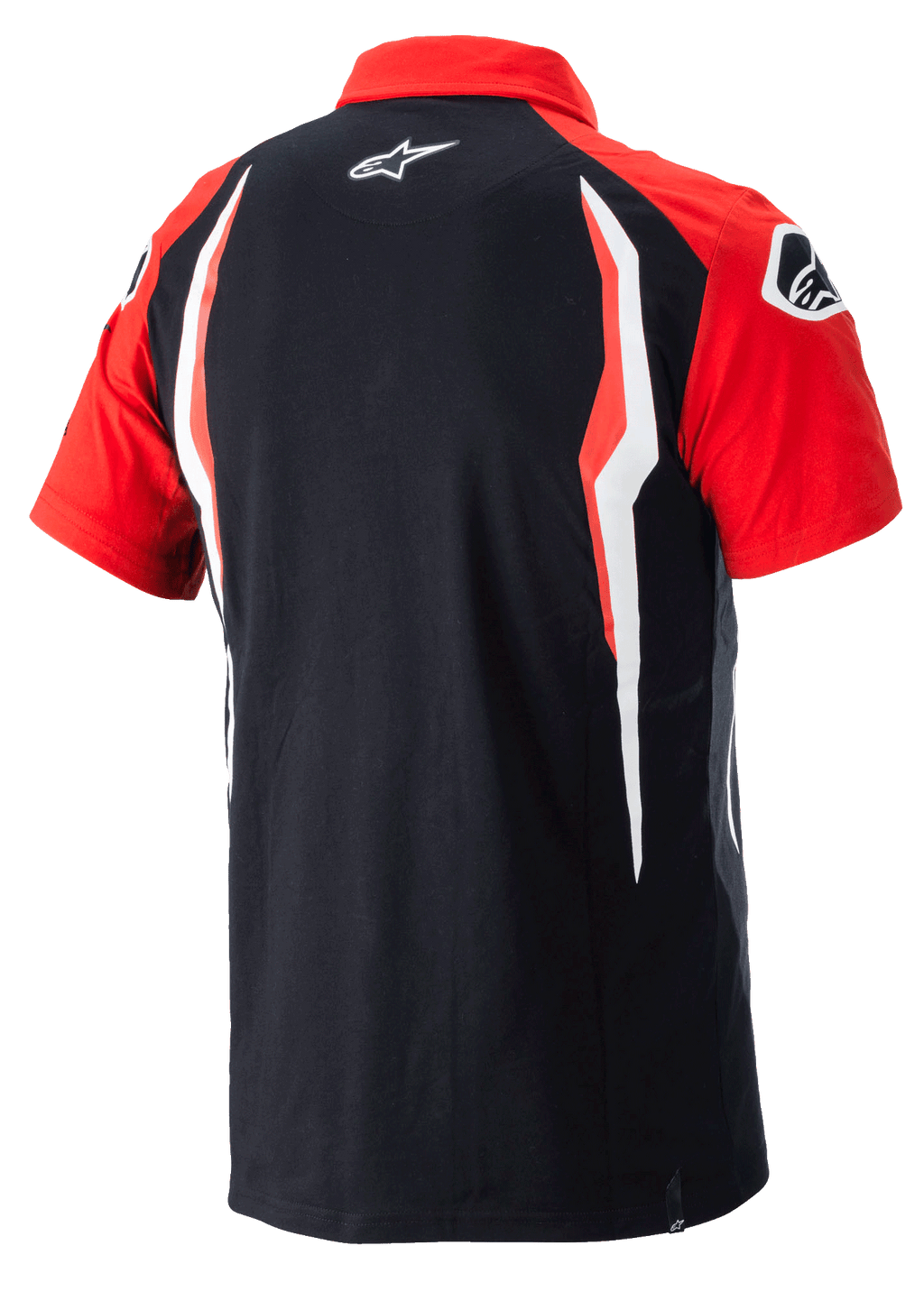 Alpinestars Honda Polo, koszulka polo z krótkim rękawem, czerwono-czarna, widok z tyłu z kontrastowymi panelami bocznymi i logo Alpinestars na plecach, casualowa odzież sportowa motorsport