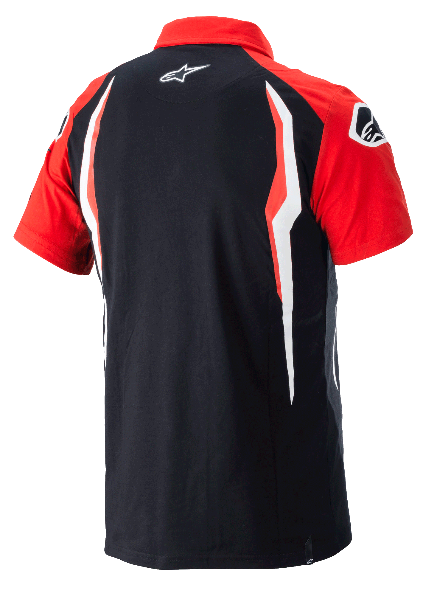 Alpinestars Honda Polo, koszulka polo z krótkim rękawem, czerwono-czarna, widok z tyłu z kontrastowymi panelami bocznymi i logo Alpinestars na plecach, casualowa odzież sportowa motorsport