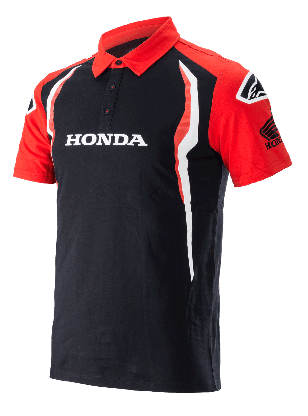 Alpinestars Honda Polo, koszulka polo z krótkim rękawem, czarno-czerwona, zapięcie na trzy guziki, białe logo Honda na piersi, logo Honda Wing na rękawie oraz pionowe biało-czerwone akcenty po bokach