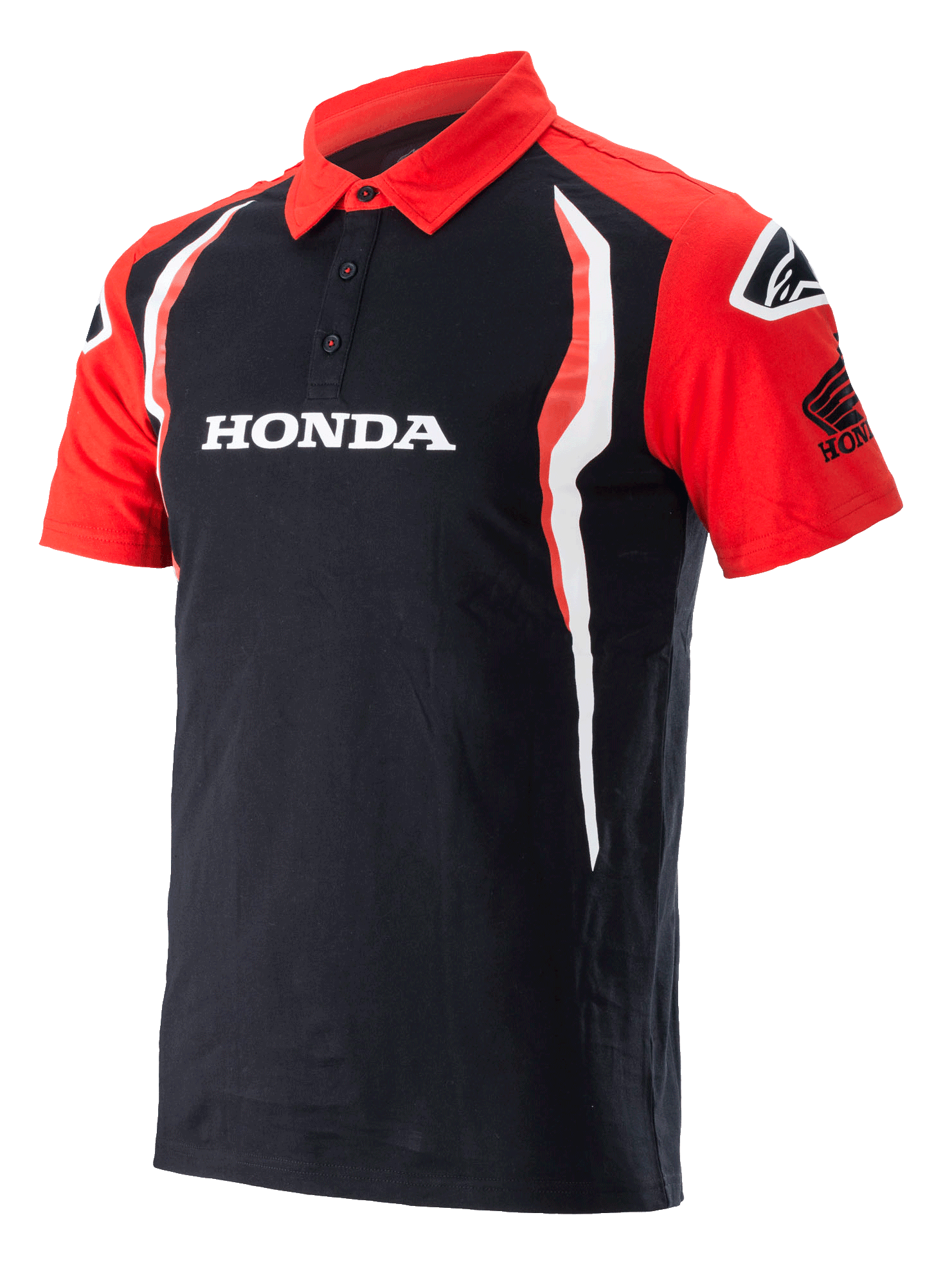 Alpinestars Honda Polo, koszulka polo z krótkim rękawem, czarno-czerwona, zapięcie na trzy guziki, białe logo Honda na piersi, logo Honda Wing na rękawie oraz pionowe biało-czerwone akcenty po bokach