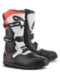 Alpinestars Tech-T Boots, Motorcycle Trials Boots, Black White and Red Fluo, featuring a triple buckle closure system, ergonomic shin plate, textured toe protection, and a low-profile lugged sole, technical off-road footwear design