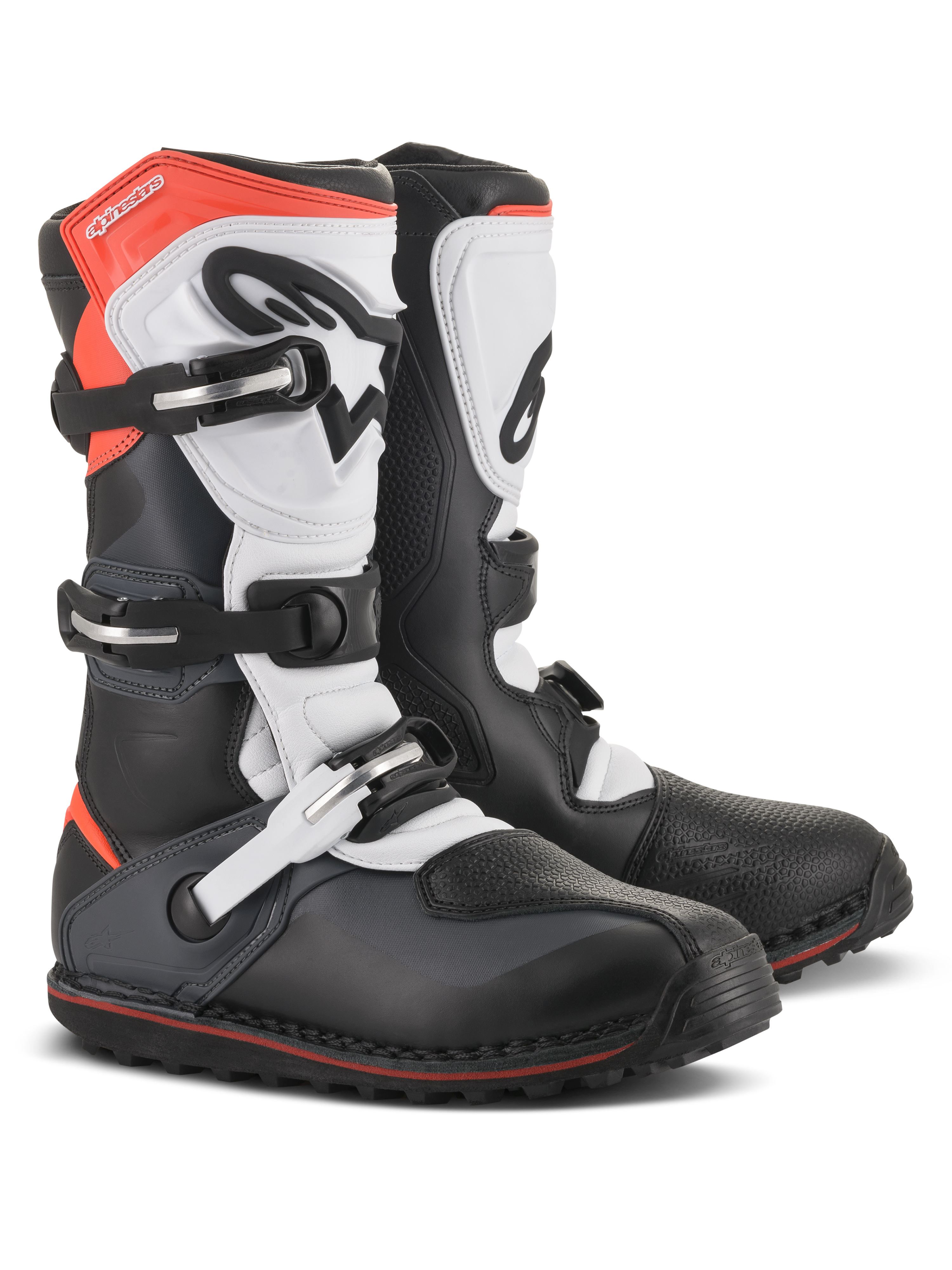 Alpinestars Tech-T Boots, Motorcycle Trials Boots, Black White and Red Fluo, featuring a triple buckle closure system, ergonomic shin plate, textured toe protection, and a low-profile lugged sole, technical off-road footwear design