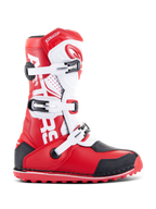 Alpinestars Tech-T Boots, Motorcycle Trials Boots, Bright Red Black and White, featuring three adjustable buckles, ergonomic shinplate, and red textured sole for off-road trials performance