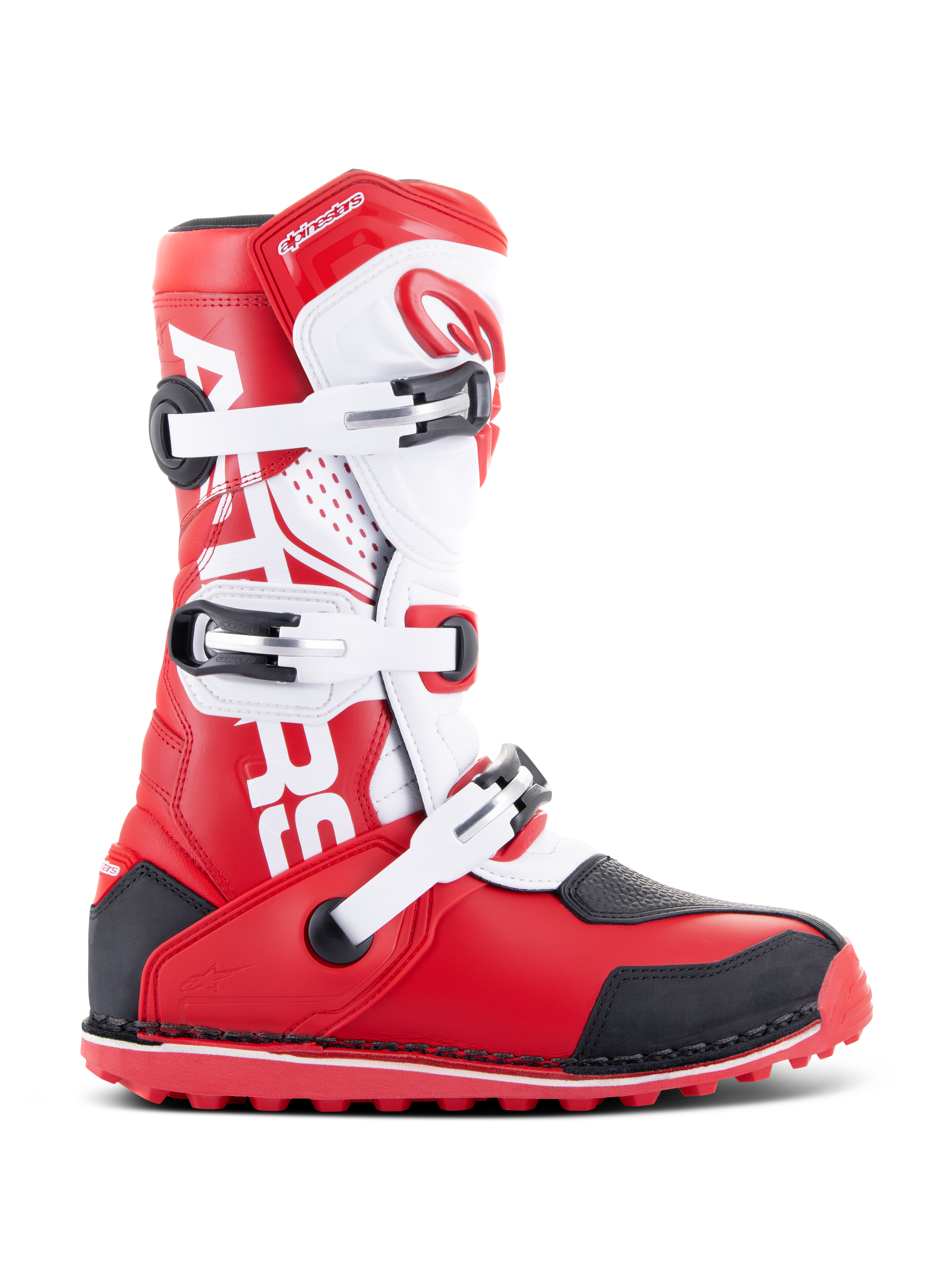 Alpinestars Tech-T Boots, Motorcycle Trials Boots, Bright Red Black and White, featuring three adjustable buckles, ergonomic shinplate, and red textured sole for off-road trials performance