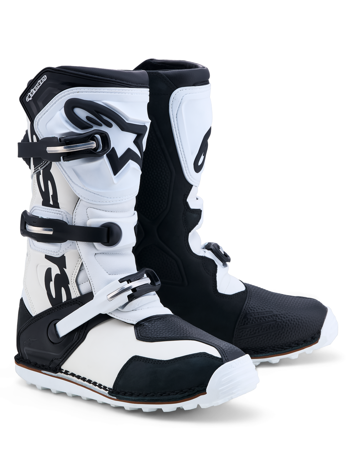 Buty Alpinestars Tech-T, czarno-białe skórzane buty motocyklowe do trialu, trzy klamry i ochraniacze piszczeli TPU.