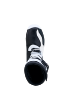 Alpinestars Tech-T Boots, Black and White Trials Motorcycle Boots, top-down view showing leather construction and buckle closure for precision off-road control.