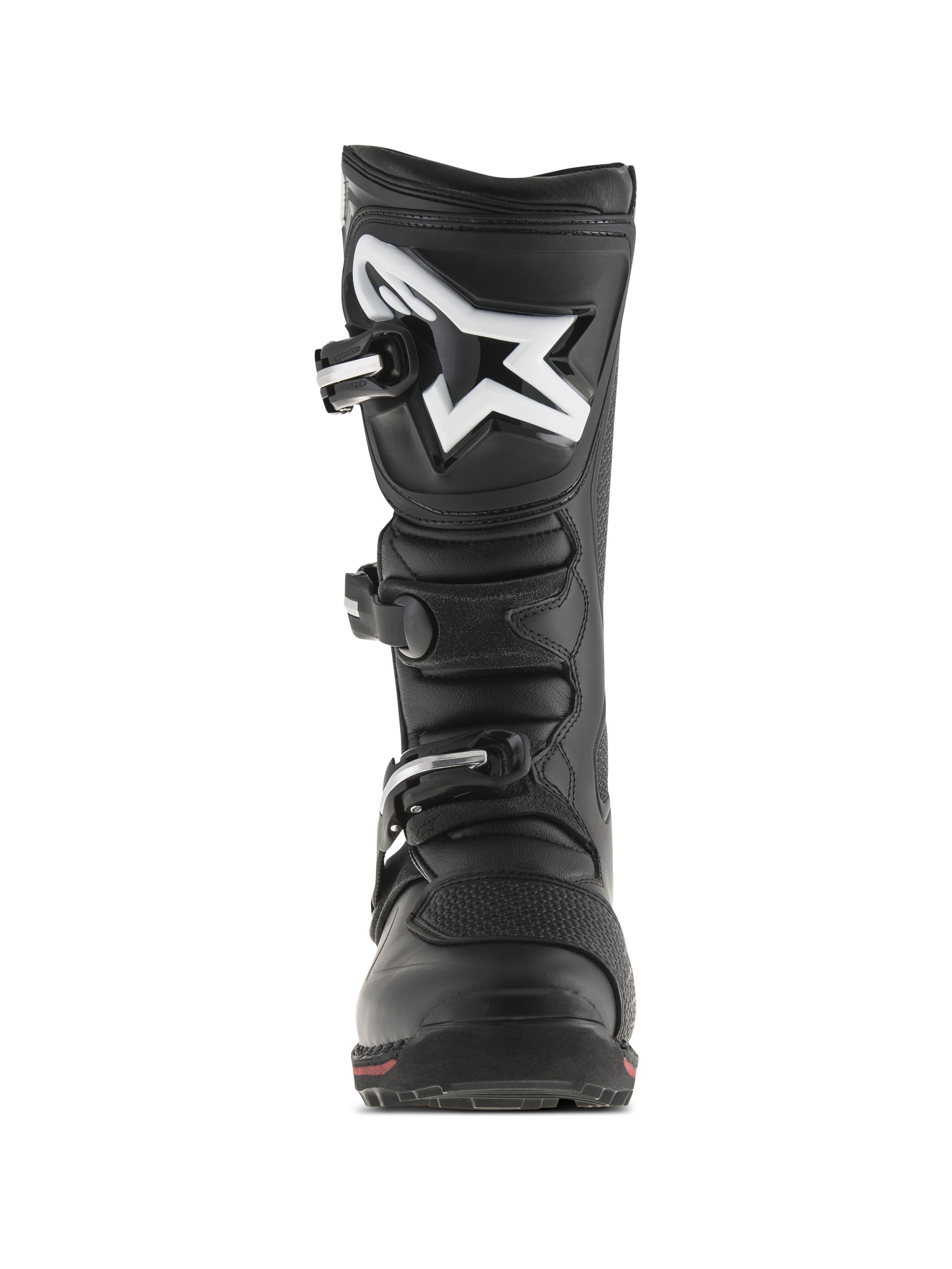 Alpinestars Tech-T Boots, Trials Motorcycle Boots, Black and Red, front view featuring ergonomic shin plate with white Astar logo, three-buckle closure system, and durable leather construction with a red accent on the sole.