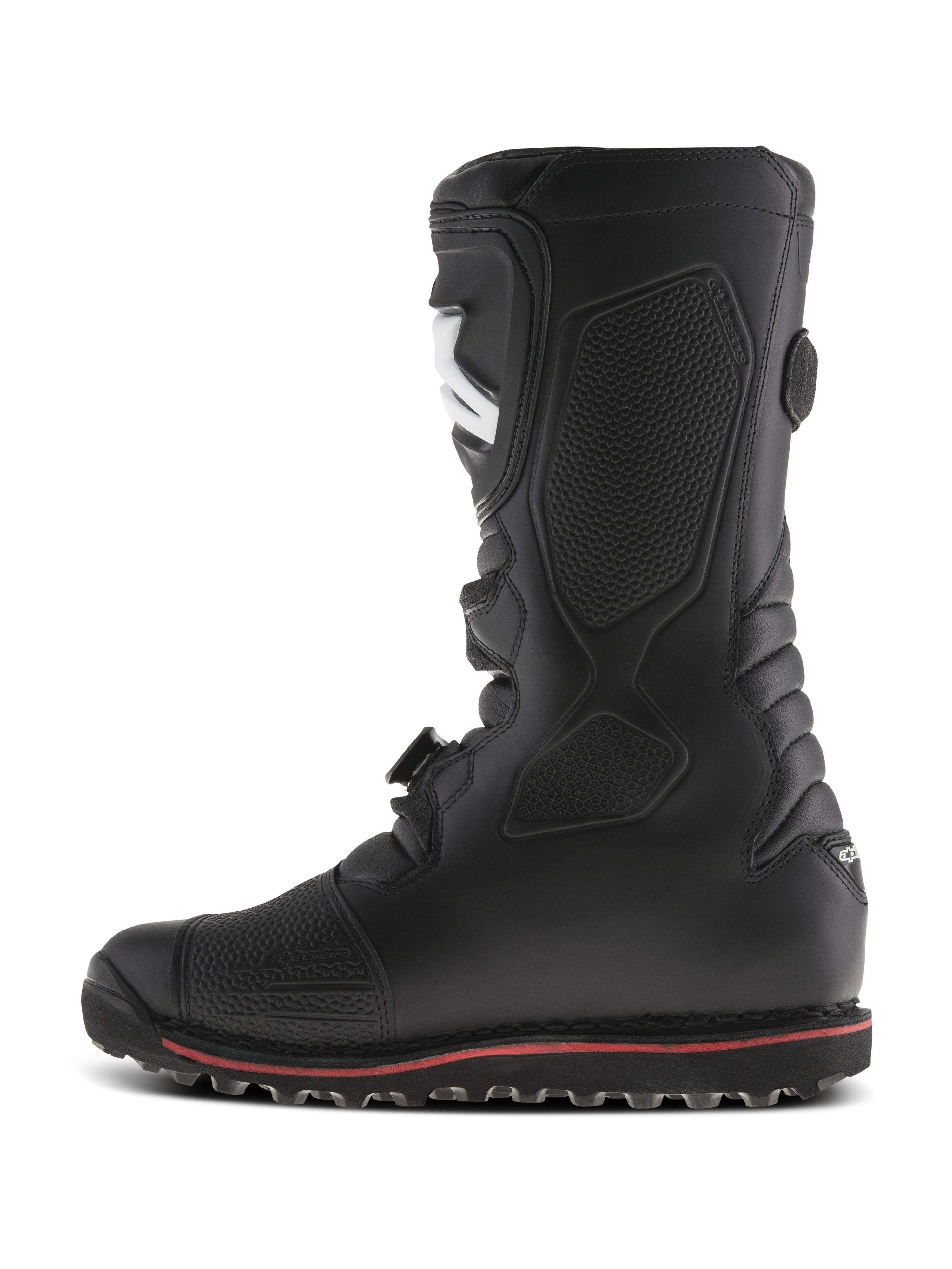 Alpinestars Tech-T Boots, trials motorcycle boots, Black with a thin red stripe on the sole, side profile view, featuring an ergonomic shinplate and textured panels for footpeg grip, durable leather construction for off-road riding